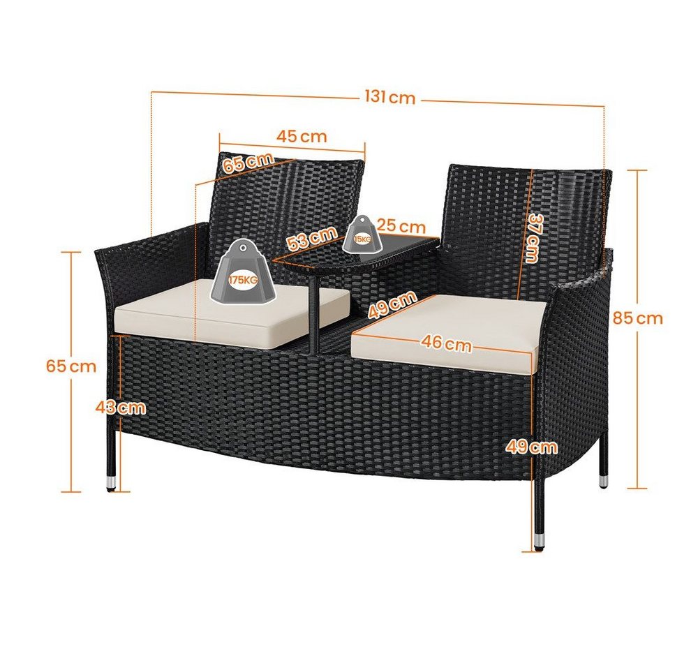 Yaheetech Balkonset 2-Sitzer Polyrattan Gartenbank, Gartenstuhl aus PE-Rattangeflecht Bistro-Set – Bild 4 von 5