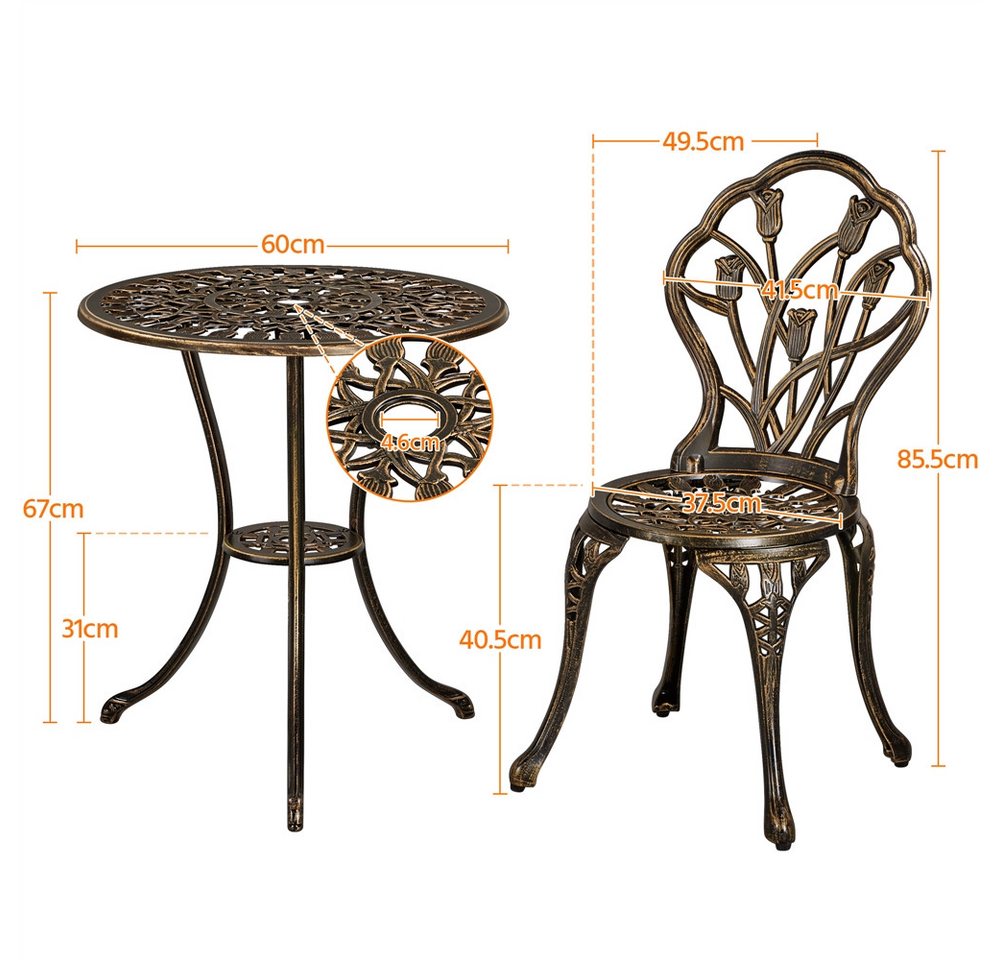 Yaheetech Balkonset aus Aluminiumguss, 3-teiliges Gartenmöbel-Set, 2 Stühlen & 1 Balkontisch mit Schirmloch – Bild 4 von 5