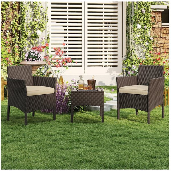 Yaheetech Balkonset Gartenmöbel-Set 3-Teilig in Rattanoptik für 2 Personen, Gartengarnitur inkl. 2 Stühle mit Kissen & Tisch mit Hartglasplatte