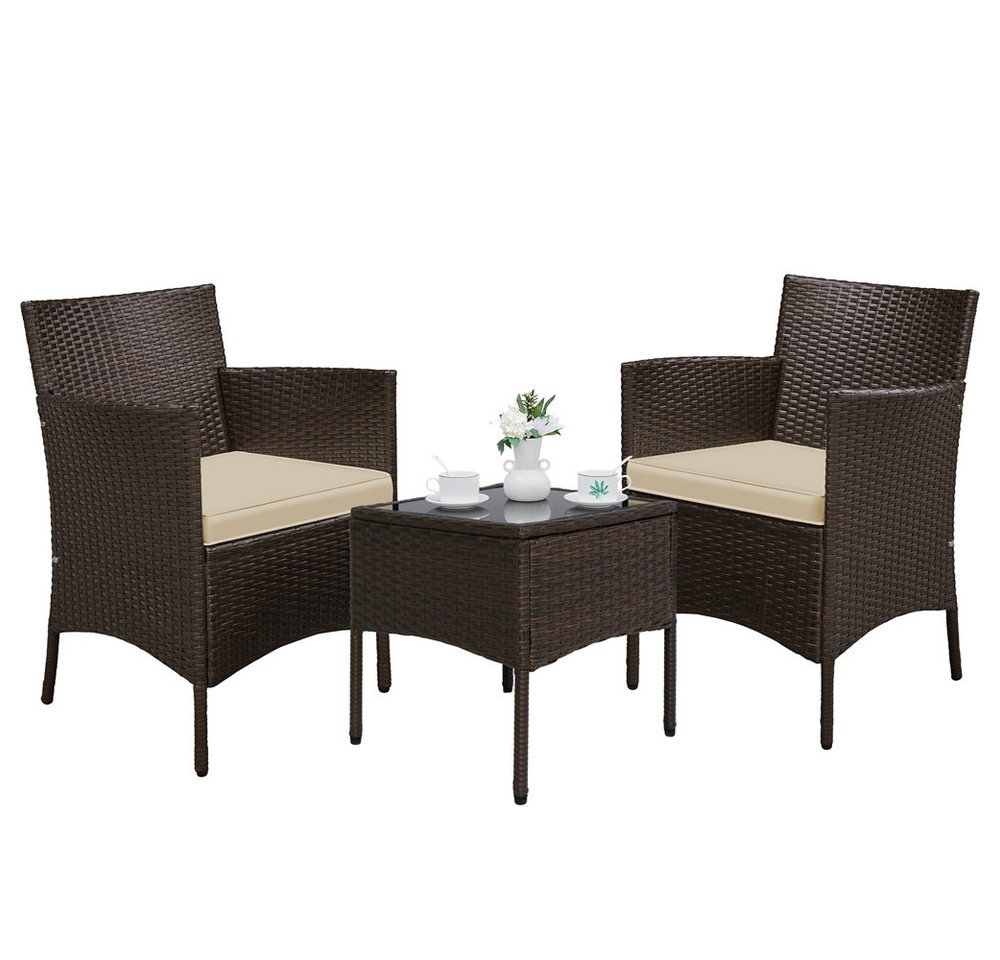 Yaheetech Balkonset Gartenmöbel-Set 3-Teilig in Rattanoptik für 2 Personen, Gartengarnitur inkl. 2 Stühle mit Kissen & Tisch mit Hartglasplatte – Bild 2 von 5