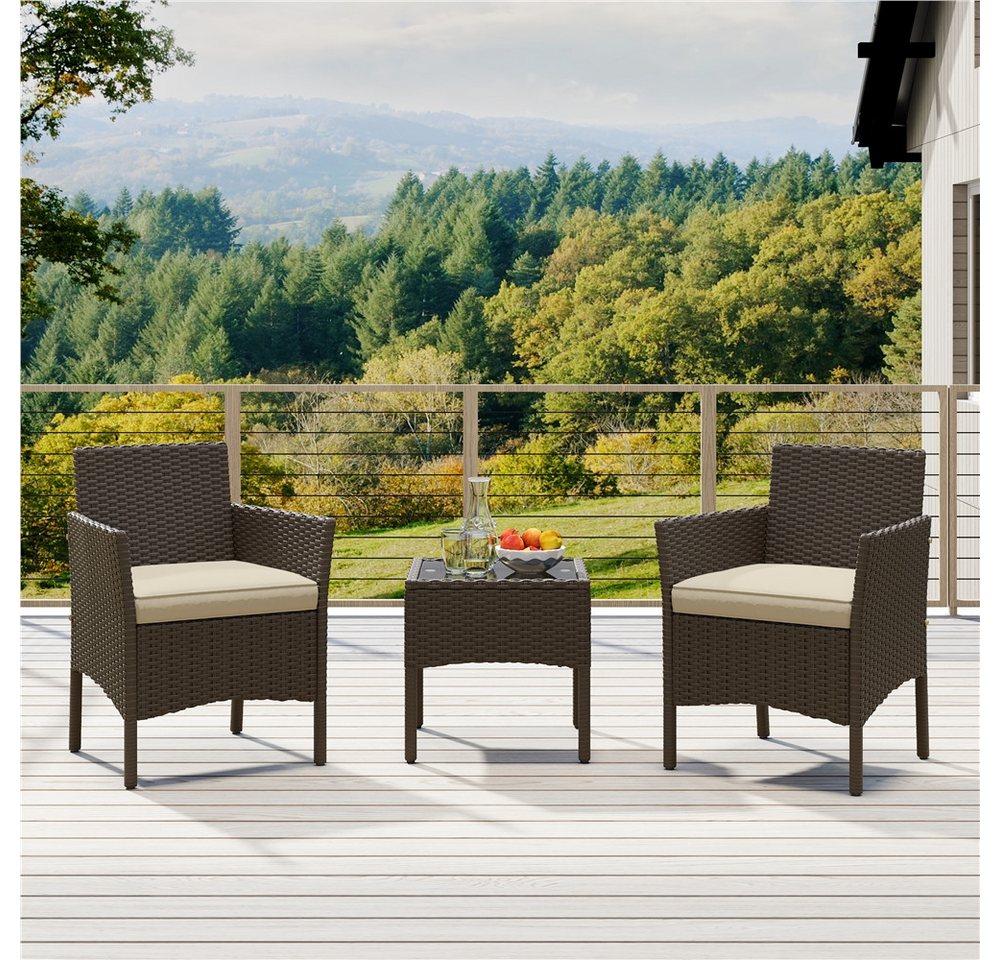 Yaheetech Balkonset Gartenmöbel-Set 3-Teilig in Rattanoptik für 2 Personen, Gartengarnitur inkl. 2 Stühle mit Kissen & Tisch mit Hartglasplatte – Bild 3 von 5