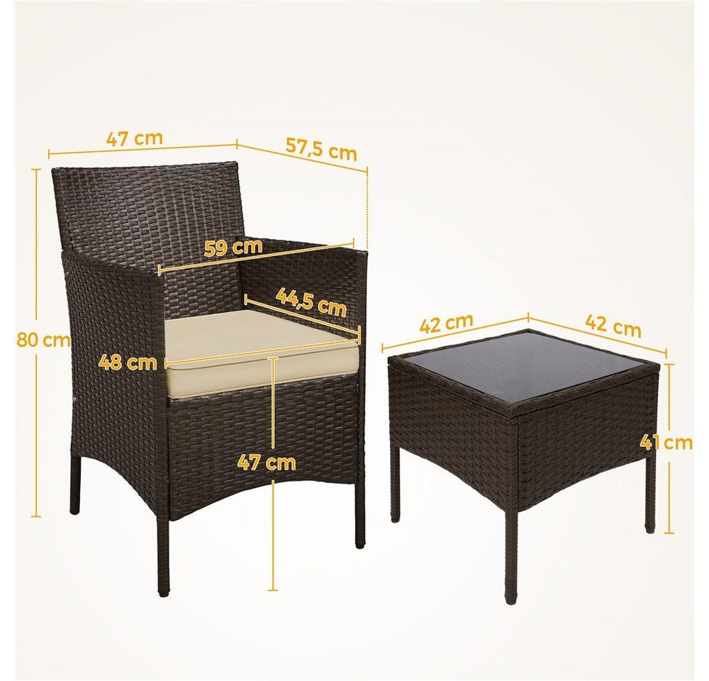 Yaheetech Balkonset Gartenmöbel-Set 3-Teilig in Rattanoptik für 2 Personen, Gartengarnitur inkl. 2 Stühle mit Kissen & Tisch mit Hartglasplatte – Bild 4 von 5