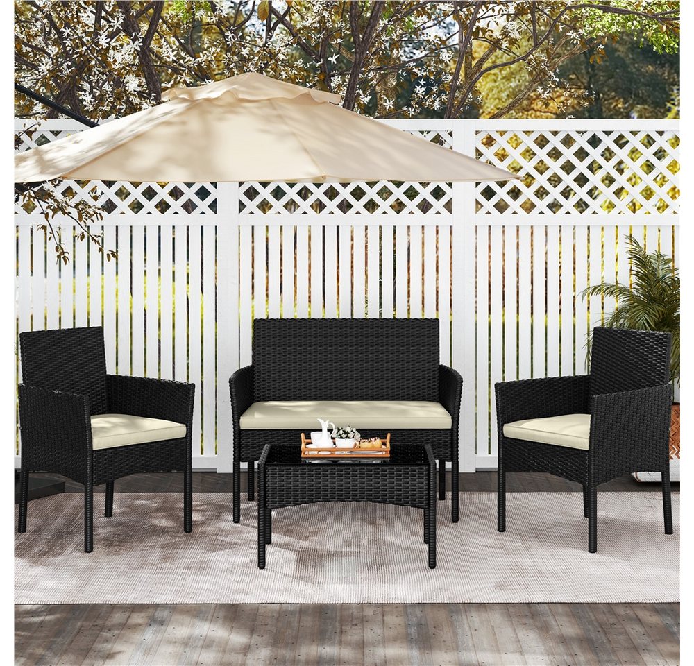 Yaheetech Balkonset Gartenmöbel-Set 4-er Set Rattanmöbel für 4 Personen, Gartengarnitur aus Zweisitzer-Sofa & 2 Einzelsofas & Kaffeetisch – Bild 2 von 5