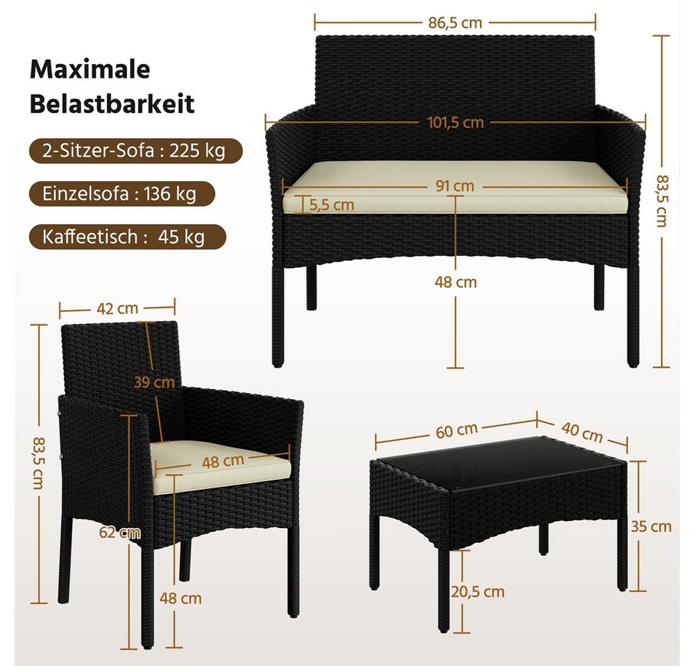 Yaheetech Balkonset Gartenmöbel-Set 4-er Set Rattanmöbel für 4 Personen, Gartengarnitur aus Zweisitzer-Sofa & 2 Einzelsofas & Kaffeetisch – Bild 4 von 5