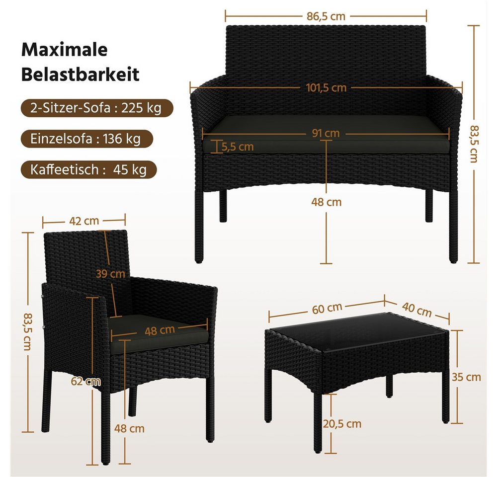 Yaheetech Balkonset Gartenmöbel-Set 4-er Set Rattanmöbel für 4 Personen, Gartengarnitur aus Zweisitzer-Sofa & 2 Einzelsofas & Kaffeetisch – Bild 4 von 5