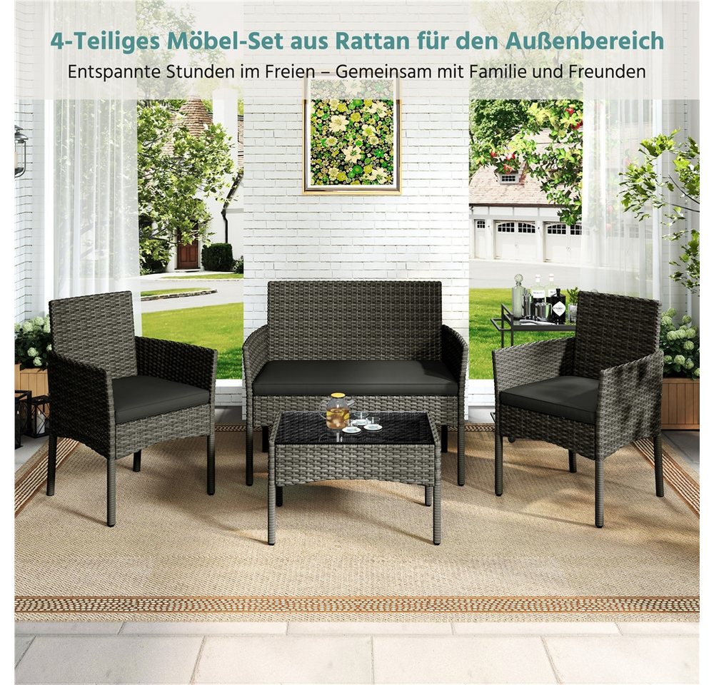 Yaheetech Balkonset Gartenmöbel-Set 4-er Set Rattanmöbel für 4 Personen, Gartengarnitur aus Zweisitzer-Sofa & 2 Einzelsofas & Kaffeetisch – Bild 5 von 5