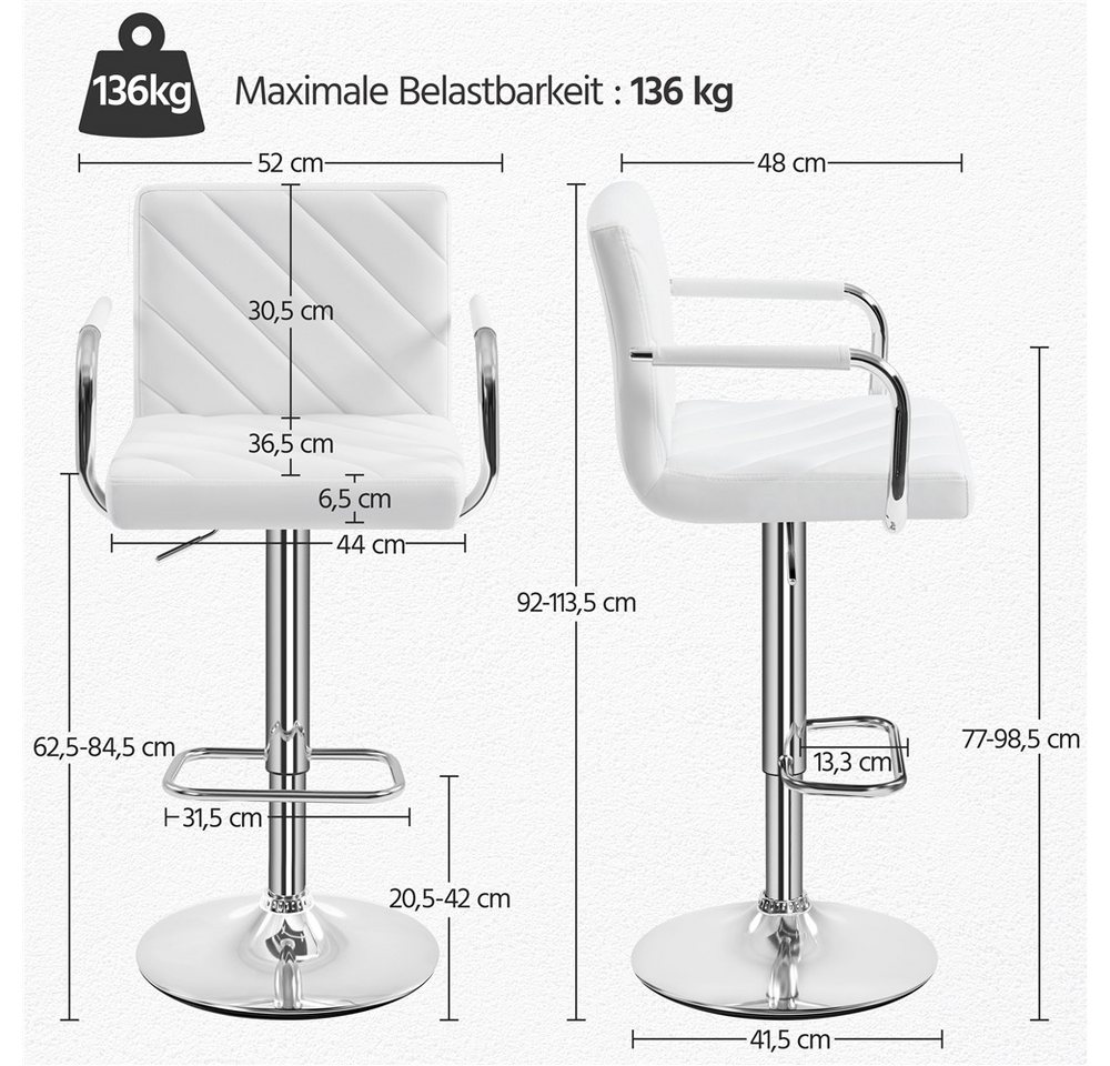 Yaheetech Barhocker 2/4-er Set (2 St), Höhenverstellbarer Barstuhl mit Armlehnen, Sitzhöhe 62,5 cm – 84,5 cm – Bild 4 von 5