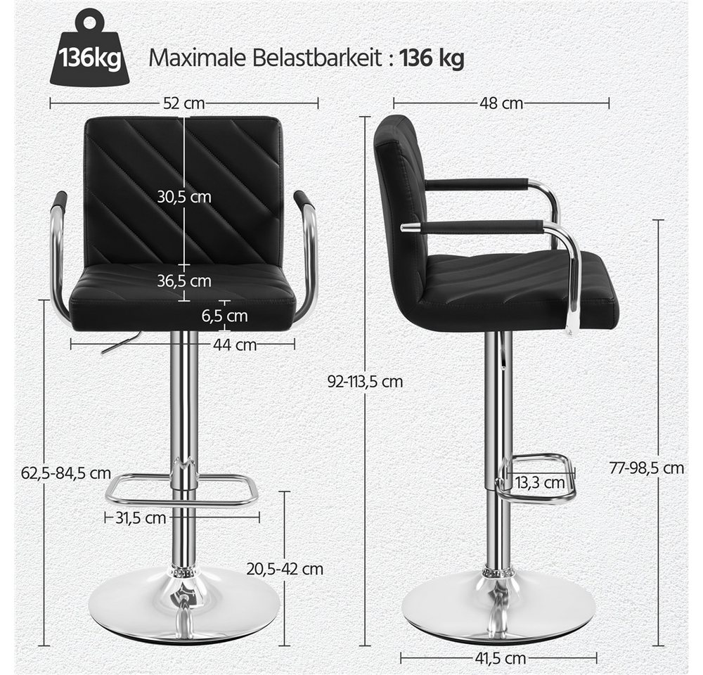 Yaheetech Barhocker 2/4-er Set (2 St), Höhenverstellbarer Barstuhl mit Armlehnen, Sitzhöhe 62,5 cm – 84,5 cm – Bild 4 von 5