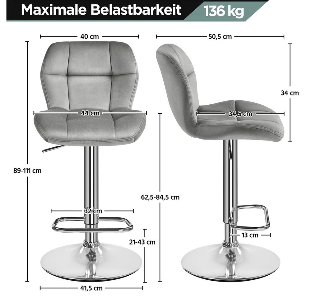 Yaheetech Barhocker 360° Drehbare Hocker mit Fußstütze (2 St), 1/2/4/6er-Set Barstühle Küchenstühle Bistrohocker höhenverstellbar – Bild 4 von 5