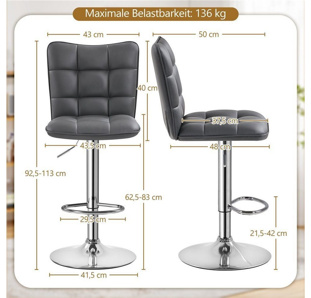Yaheetech Barhocker Drehhocker mit Fußstütze (2 St), Barstühle 360°Drehbar Küchenstühle Sitzhöhe 62,5 cm - 83 cm – Bild 5 von 5