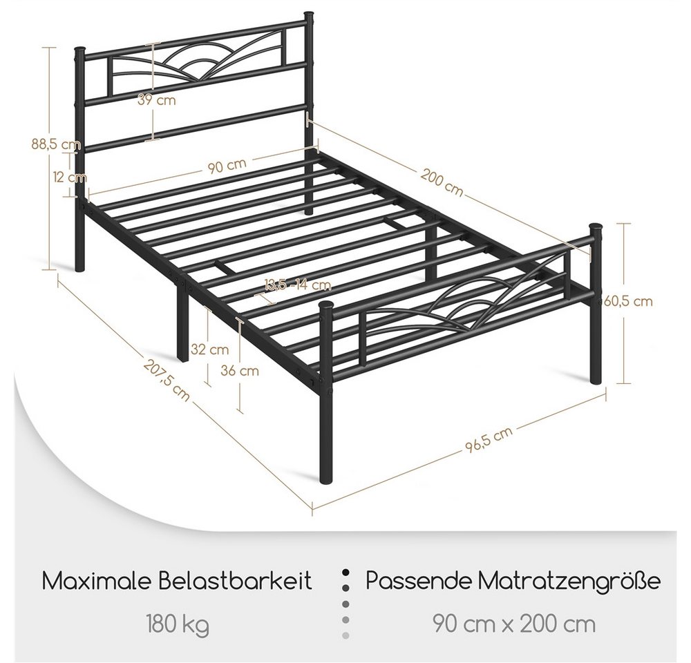Yaheetech Bettgestell Metallbett, Bettrahmen mit Kopfteil, Doppel/Einzelbett 90x190/90x200/140x200cm – Bild 4 von 5