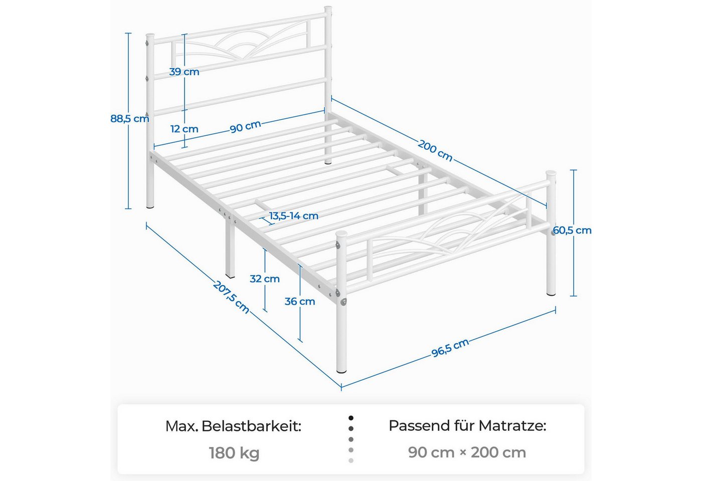 Yaheetech Bettgestell Metallbett, Bettrahmen mit Kopfteil, Doppel/Einzelbett 90x190/90x200/140x200cm – Bild 4 von 5