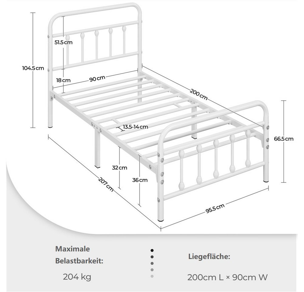 Yaheetech Bettgestell Metallbett 90/140 cm (B), Metall Bettrahmen mit Kopfteil – Bild 4 von 5