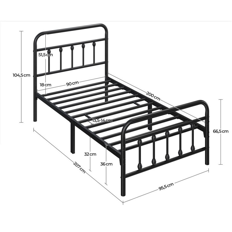 Yaheetech Bettgestell Metallbett 90/140 cm (B), Metall Bettrahmen mit Kopfteil – Bild 3 von 5