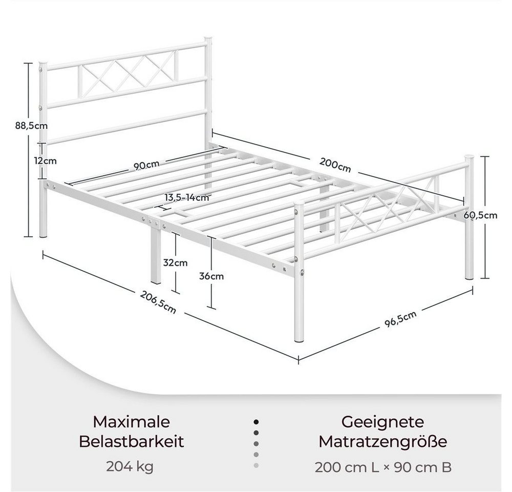 Yaheetech Bettgestell Metallbett mit Lattenrost, Bettrahmen mit Kopfteil, für Schlafzimmer, 90/140 cm (B) – Bild 4 von 5