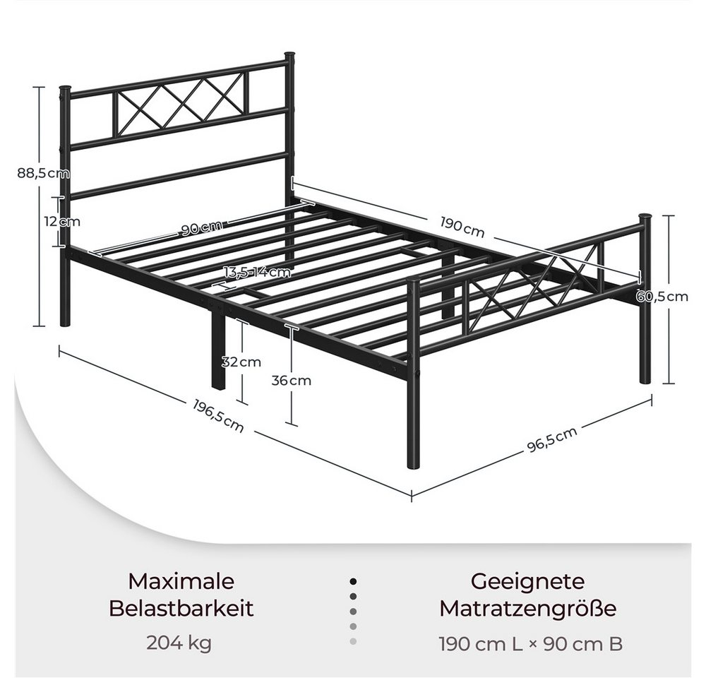 Yaheetech Bettgestell Metallbett mit Lattenrost, Bettrahmen mit Kopfteil, für Schlafzimmer, 90/140 cm (B) – Bild 4 von 5