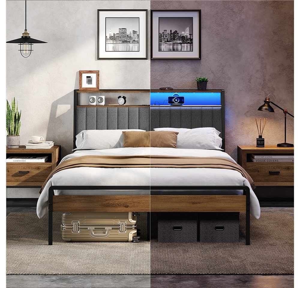 Yaheetech Bettgestell mit Ladestation & LED-Beleuchtung & Gepolstertem Kopfteil, Metallbett mit 2 Ablagen, 90/140 cm (B) – Bild 2 von 5