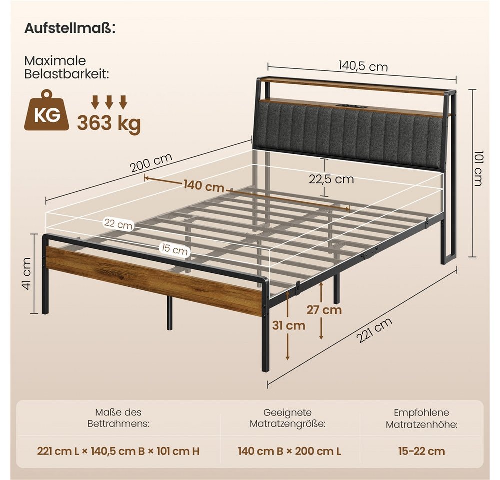 Yaheetech Bettgestell mit Ladestation & LED-Beleuchtung & Gepolstertem Kopfteil, Metallbett mit 2 Ablagen, 90/140 cm (B) – Bild 3 von 5