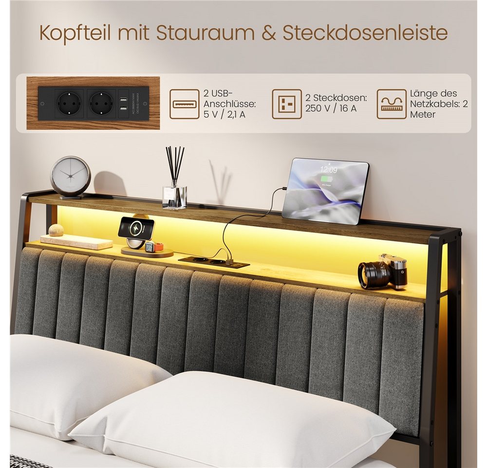 Yaheetech Bettgestell mit Ladestation & LED-Beleuchtung & Gepolstertem Kopfteil, Metallbett mit 2 Ablagen, 90/140 cm (B) – Bild 4 von 5