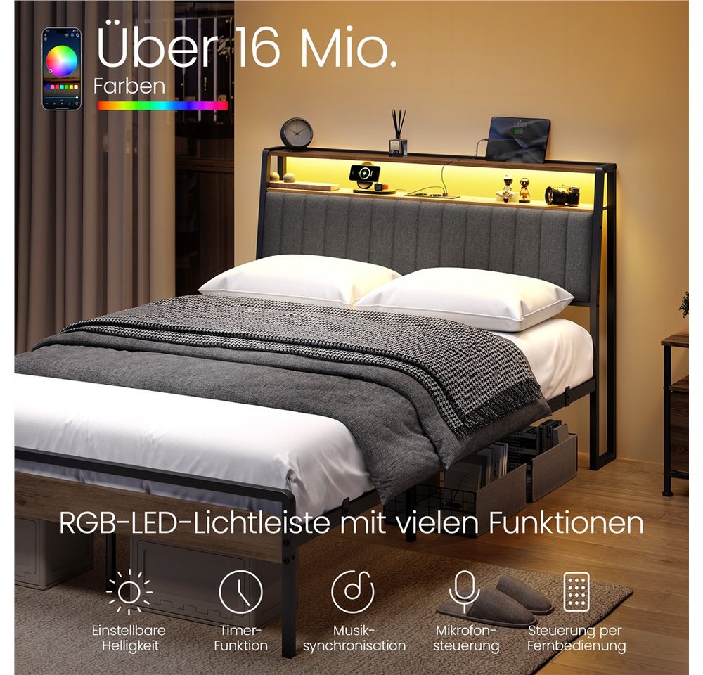 Yaheetech Bettgestell mit Ladestation & LED-Beleuchtung & Gepolstertem Kopfteil, Metallbett mit 2 Ablagen, 90/140 cm (B) – Bild 5 von 5
