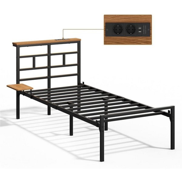 Yaheetech Bettgestell mit LED-Beleuchtung & Ladestation & Seitlicher Ablage, Einzelbett 90 × 200 cm Metallbett mit Stauraum unter dem Bett