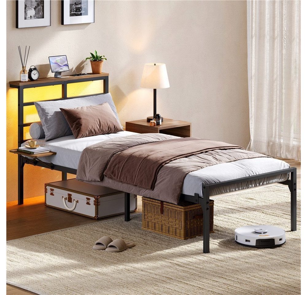 Yaheetech Bettgestell mit LED-Beleuchtung & Ladestation & Seitlicher Ablage, Einzelbett 90 × 200 cm Metallbett mit Stauraum unter dem Bett – Bild 2 von 5