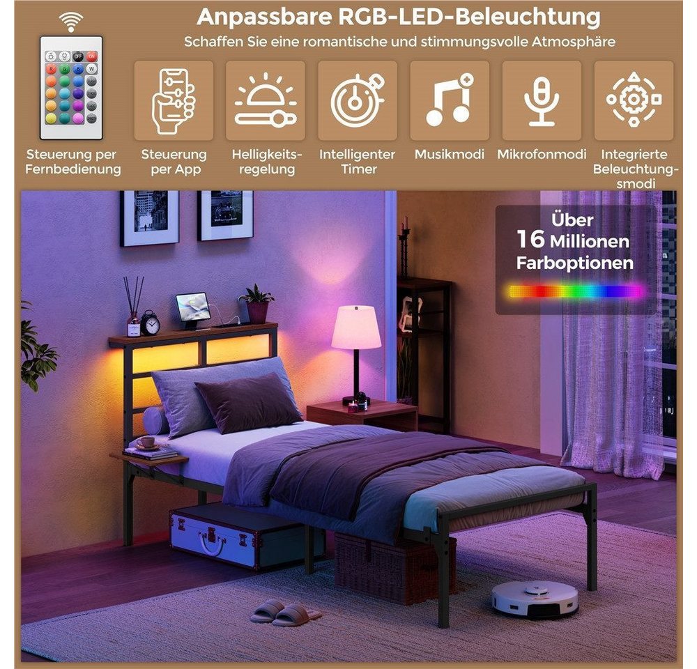 Yaheetech Bettgestell mit LED-Beleuchtung & Ladestation & Seitlicher Ablage, Einzelbett 90 × 200 cm Metallbett mit Stauraum unter dem Bett – Bild 3 von 5