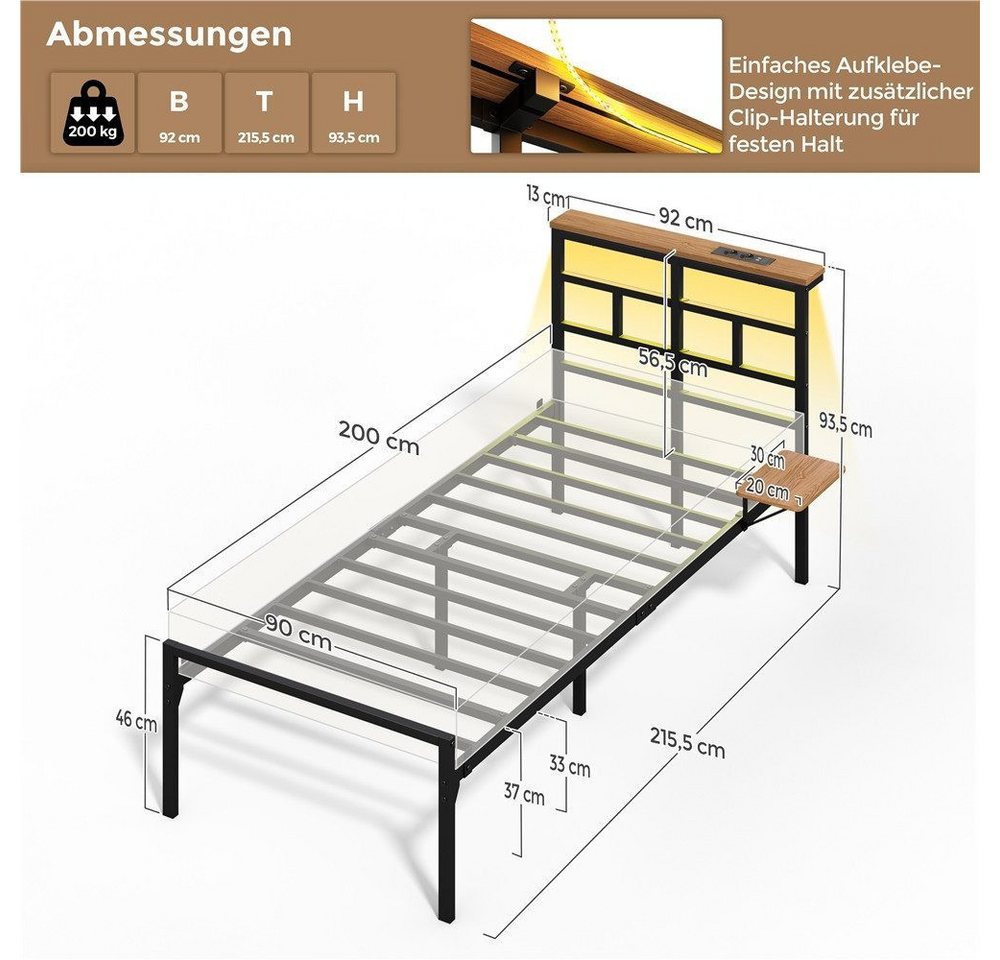 Yaheetech Bettgestell mit LED-Beleuchtung & Ladestation & Seitlicher Ablage, Einzelbett 90 × 200 cm Metallbett mit Stauraum unter dem Bett – Bild 4 von 5