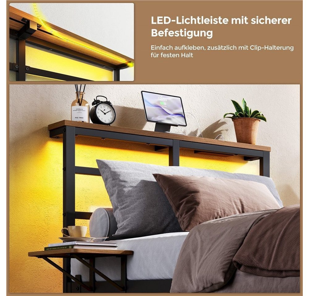 Yaheetech Bettgestell mit LED-Beleuchtung & Ladestation & Seitlicher Ablage, Einzelbett 90 × 200 cm Metallbett mit Stauraum unter dem Bett – Bild 5 von 5