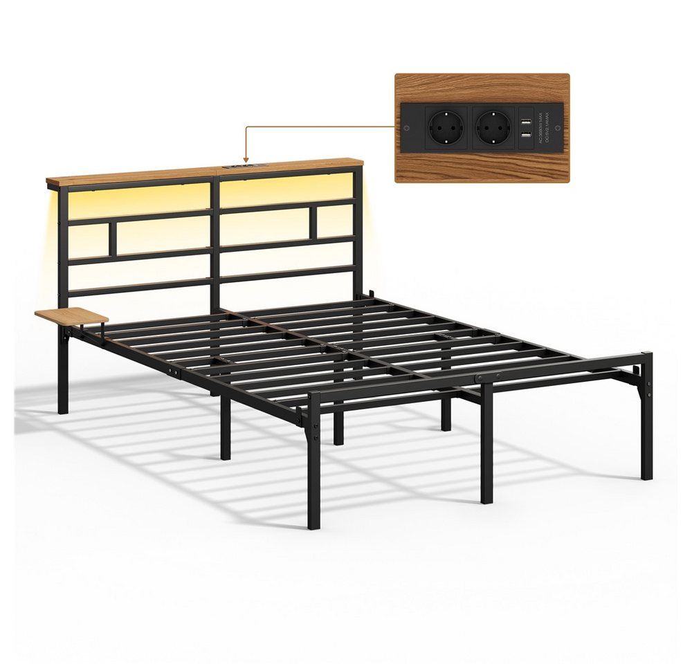 Yaheetech Bettgestell mit LED-Beleuchtung & Ladestation & Seitlicher Ablage, Doppelbett 140 × 200 cm Metallbett mit Stauraum unter dem Bett – Bild 2 von 5