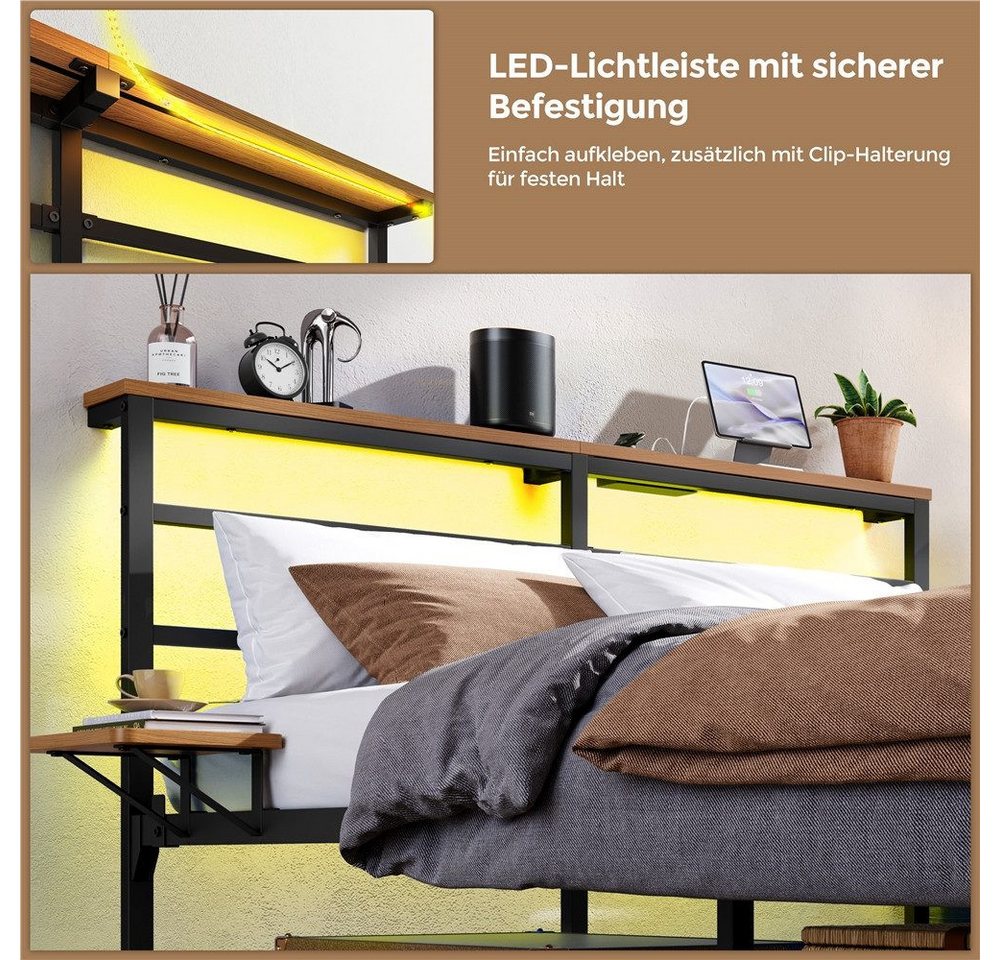 Yaheetech Bettgestell mit LED-Beleuchtung & Ladestation & Seitlicher Ablage, Doppelbett 140 × 200 cm Metallbett mit Stauraum unter dem Bett – Bild 3 von 5