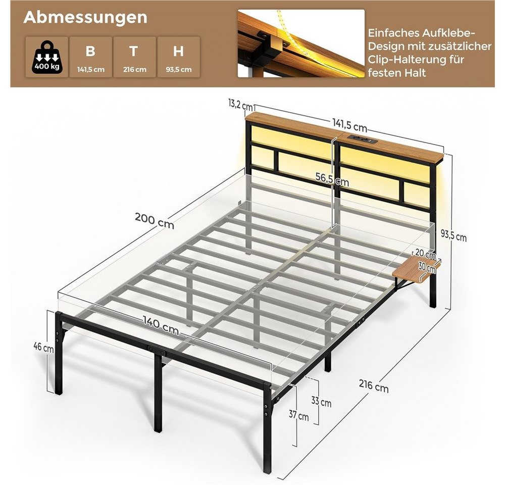 Yaheetech Bettgestell mit LED-Beleuchtung & Ladestation & Seitlicher Ablage, Doppelbett 140 × 200 cm Metallbett mit Stauraum unter dem Bett – Bild 4 von 5