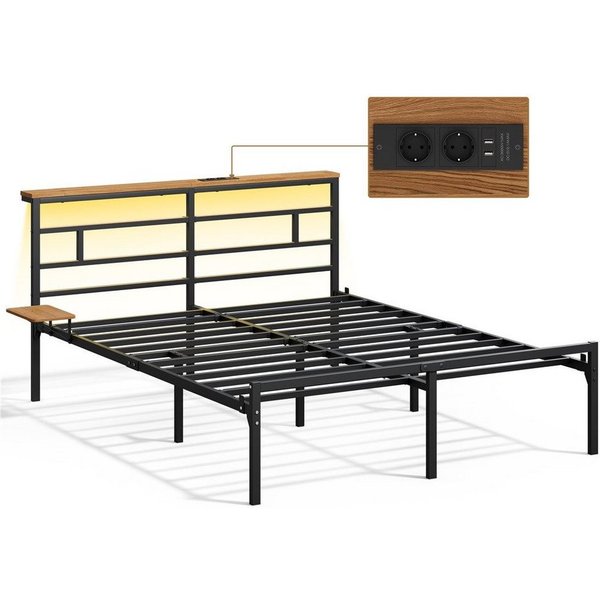 Yaheetech Bettgestell mit LED-Beleuchtung & Ladestation & Seitlicher Ablage, Doppelbett 160 × 200 cm Metallbett mit Stauraum unter dem Bett