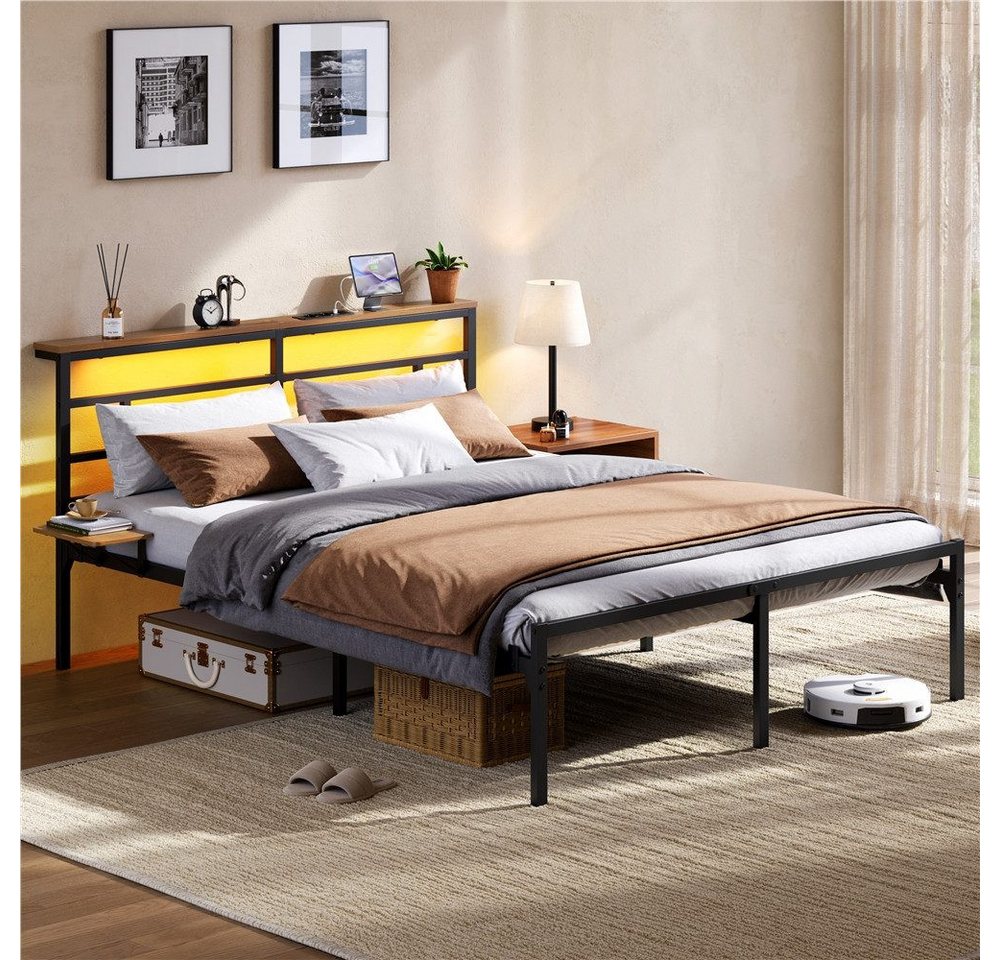 Yaheetech Bettgestell mit LED-Beleuchtung & Ladestation & Seitlicher Ablage, Doppelbett 160 × 200 cm Metallbett mit Stauraum unter dem Bett – Bild 2 von 5