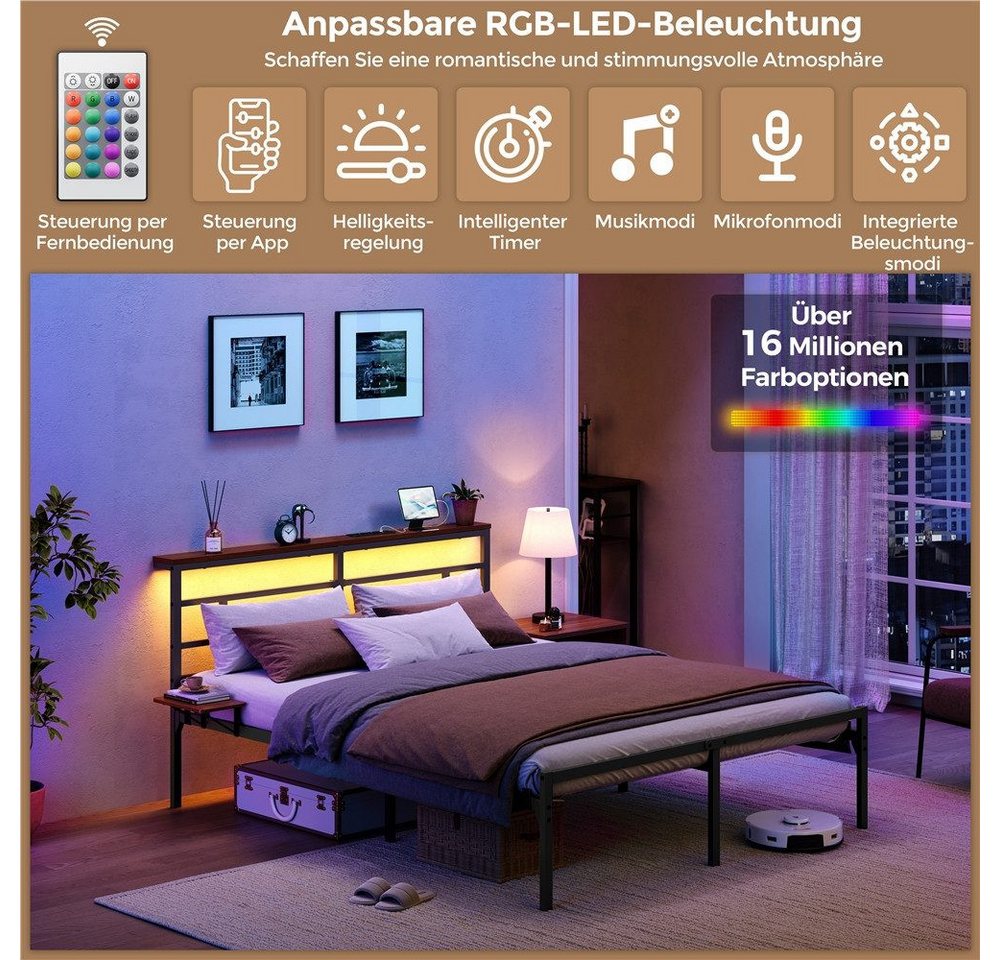 Yaheetech Bettgestell mit LED-Beleuchtung & Ladestation & Seitlicher Ablage, Doppelbett 160 × 200 cm Metallbett mit Stauraum unter dem Bett – Bild 3 von 5