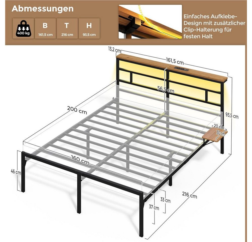 Yaheetech Bettgestell mit LED-Beleuchtung & Ladestation & Seitlicher Ablage, Doppelbett 160 × 200 cm Metallbett mit Stauraum unter dem Bett – Bild 4 von 5