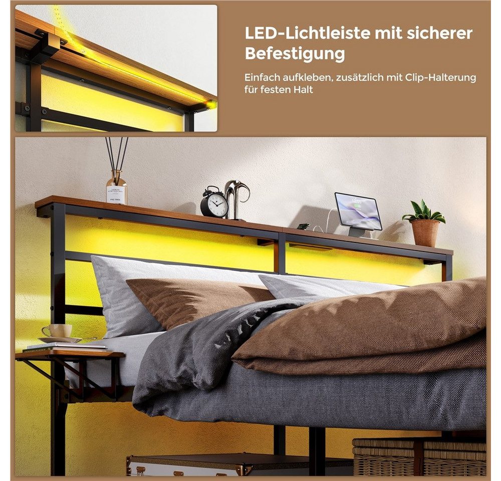 Yaheetech Bettgestell mit LED-Beleuchtung & Ladestation & Seitlicher Ablage, Doppelbett 160 × 200 cm Metallbett mit Stauraum unter dem Bett – Bild 5 von 5