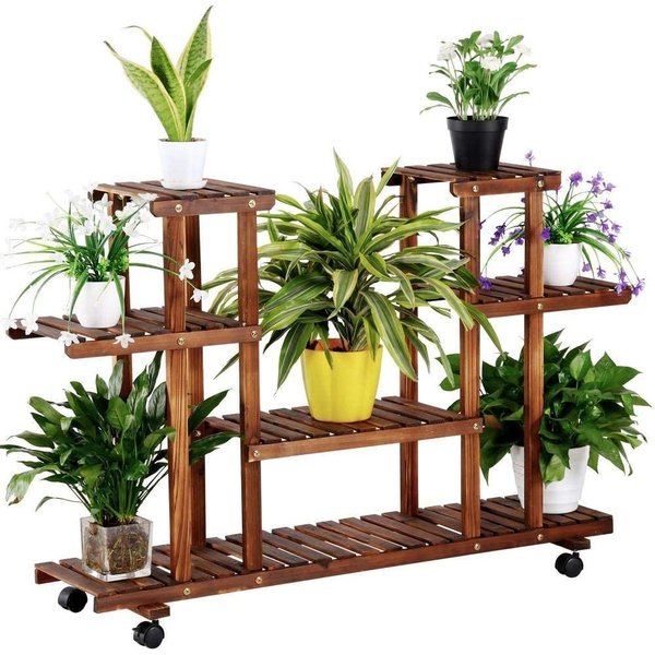 Yaheetech Blumenständer 4-Stöckiges Blumenregal aus Tannenholz, Pflanzenregal mit 4 Rollen für Innen- und Außenbereich