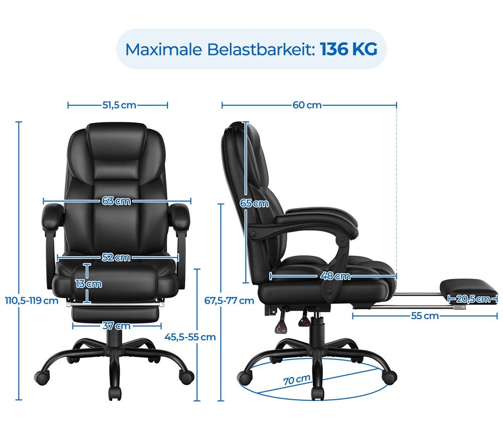 Yaheetech Chefsessel Bürostuhl aus Kunstleder, Drehstuhl mit Fußstütze & Adaptiven Armlehnen Computerstuhl – Bild 4 von 5