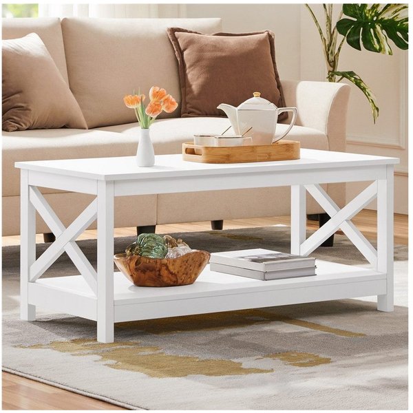 Yaheetech Couchtisch 100 × 50 × 45 cm, 2-Stufiger Wohnzimmertisch Kaffeetisch mit großer Ablage