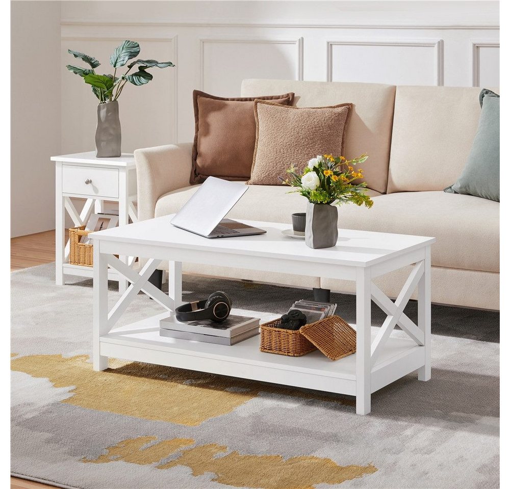 Yaheetech Couchtisch 100 × 50 × 45 cm, 2-Stufiger Wohnzimmertisch Kaffeetisch mit großer Ablage – Bild 4 von 5