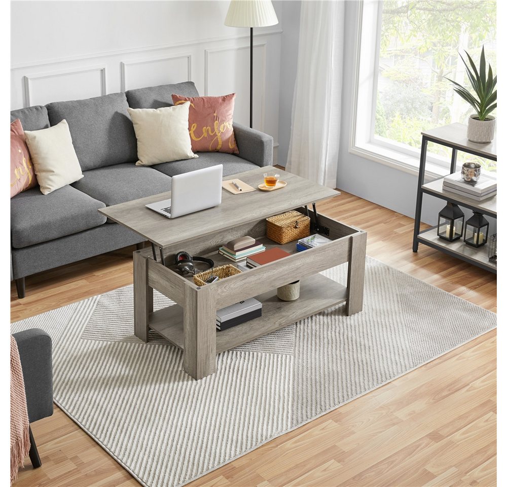 Yaheetech Couchtisch Höhenverstellbarer Kaffeetisch mit Verstecktem Stauraum und Ablage, Ausziehbarer Wohnzimmertisch Sofatisch für Wohnzimmer – Bild 3 von 5