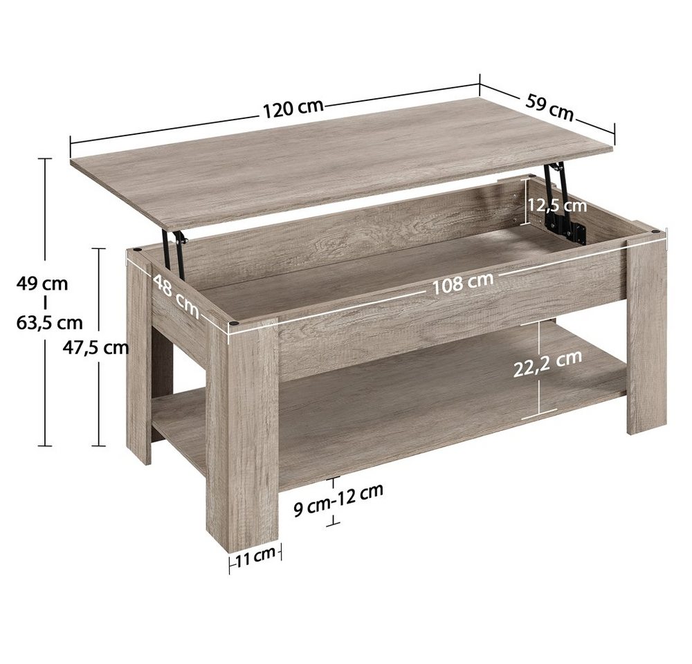Yaheetech Couchtisch Höhenverstellbarer Kaffeetisch mit Verstecktem Stauraum und Ablage, Ausziehbarer Wohnzimmertisch Sofatisch für Wohnzimmer – Bild 4 von 5