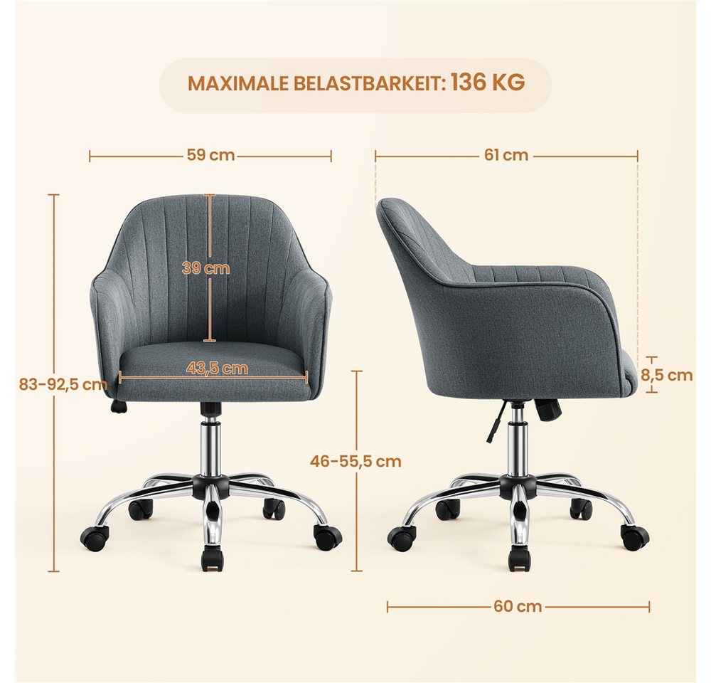 Yaheetech Drehstuhl Bürostuhl auf 5 Rollen Höhenverstellbar & Drehbar, Polsterstuhl ergonomischer Schreibtischstuhl mit Wippfunktion – Bild 4 von 5