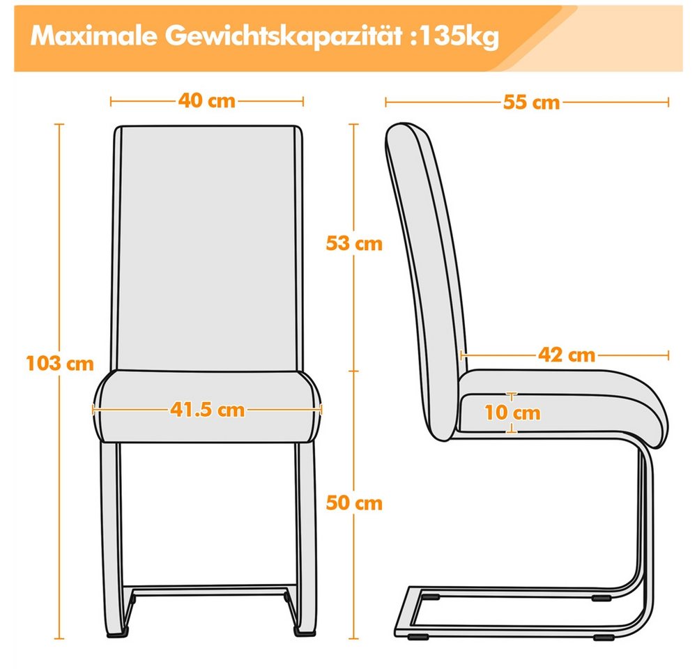 Yaheetech Esszimmerstuhl 2/4/6-er Küchenstuhl (2 St), Schwinger Polsterstuhl mit Ergonomischer Rückenlehne & Metallbeine – Bild 3 von 5