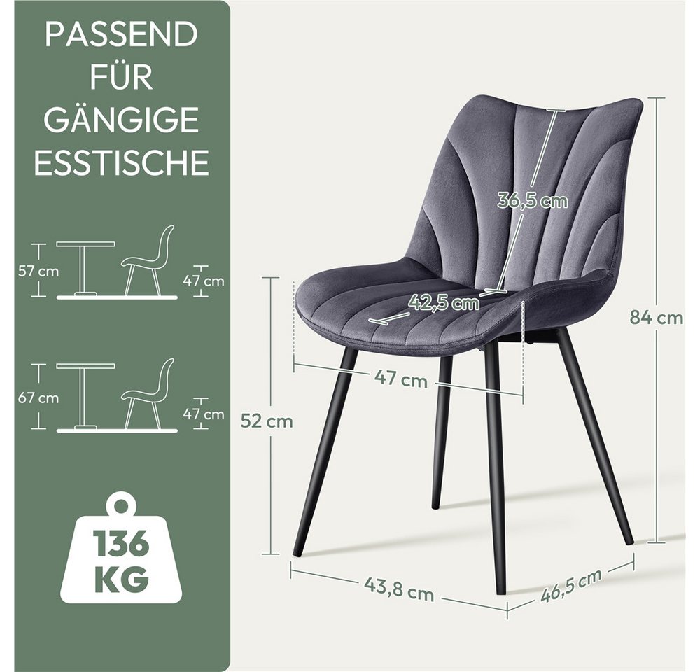 Yaheetech Esszimmerstuhl Gepolsterte Küchenstühle mit Metallbeinen (2 St), 2er-Set Beistellstühle mit Vertikal Gestepptem Design – Bild 4 von 5