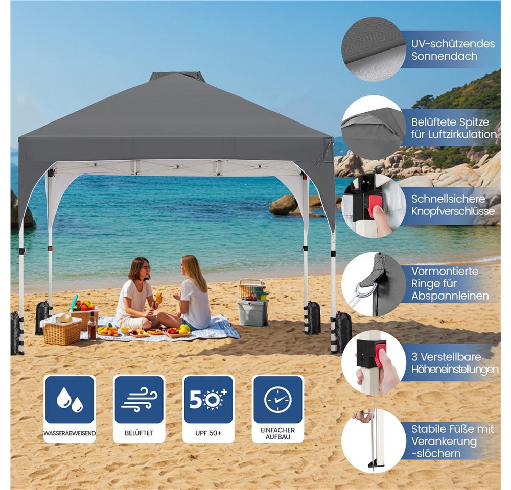 Yaheetech Faltpavillon Großzügiges Campingzelt mit einer Tragetasche 2,4x2,4m / 3x3m, mit 0 Seitenteilen, Gartenpavillon höhenverstellbar für Garten/Hof/Park/Ma – Bild 5 von 5