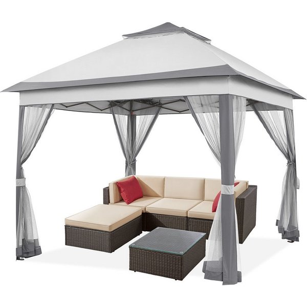 Yaheetech Faltpavillon Höhenverstellbarer Gartenpavillon mit Dach 3,3x3,3 m/ 4x4m, mit 4 Seitenteilen, Zelt mit Moskitonetz & Doppeldach & Tragetasche