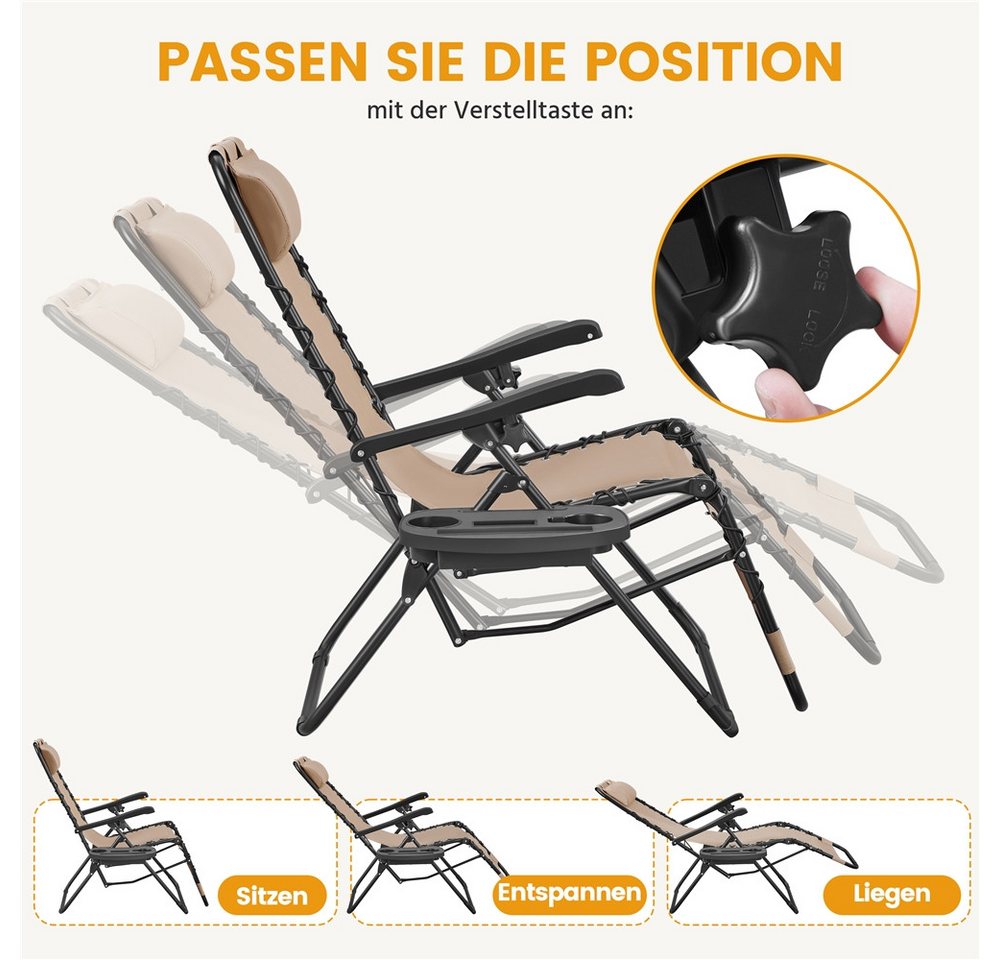 Yaheetech Gartenliege Zero-Gravity-Klappstuhl Klappbar & Tragbar, 2 St., 2er-Set Gartenstuhl mit Kopfkissen & Becherhalter – Bild 5 von 5