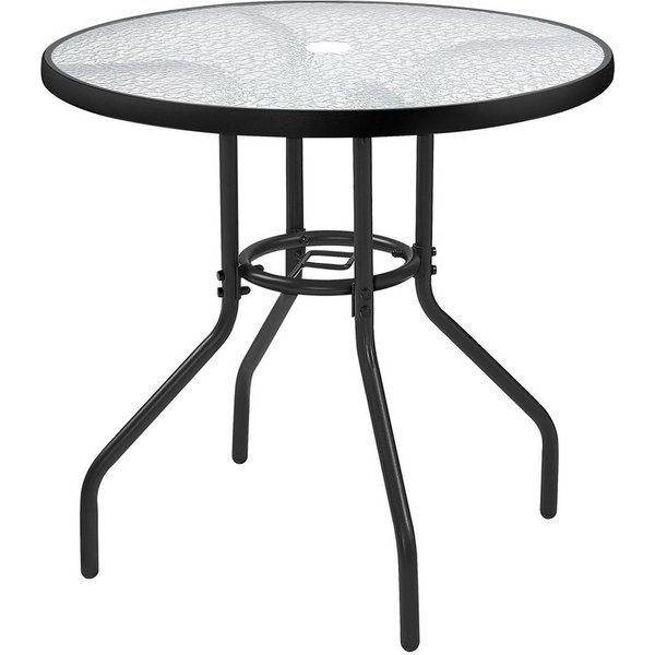 Yaheetech Gartentisch Runder Balkontisch mit Schirmloch aus Gehärtetem Glas & Metall, Kaffeetisch mit Wassermuster auf der Glasoberfläche für Draußen